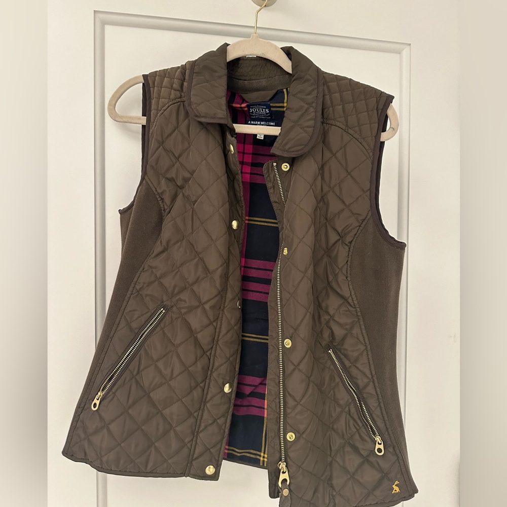 Joules Brown Quilted Vest with Pink Stripes